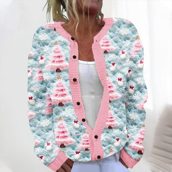Hueook Women's Cardigans Women's Casual Christmas Printed Knitted Cardigan Button Up Jacket Coat Multicolor 4X