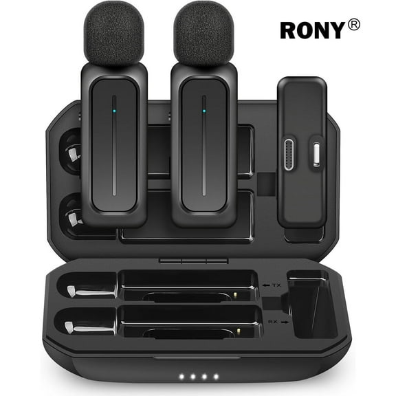 RONY Dual Wireless Lavalier Microphone for iPhone iPad Android with Charging Case - 7H Plug Play Lapel Microphone for Interview Video Vlog YouTube