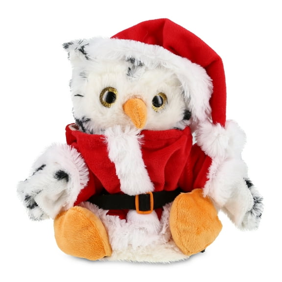 DolliBu Santa White Owl Stuffed Animal Plush Hand Puppet - Super Soft Wild Animal Dress Up with Red Santa Claus Outfit, Cute Holiday Christmas Gift - 9.5 Inches