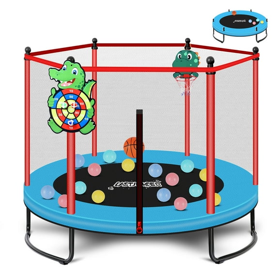 LASTJUMPER 5FT Trampoline for Kids, 60"Mini Indoor & Outdoor Small Toddler Trampoline with Basketball Hoop, Dart Board, Ocean Ball ,Baby Trampoline Toys, Birthday Gifts for boy,Blue