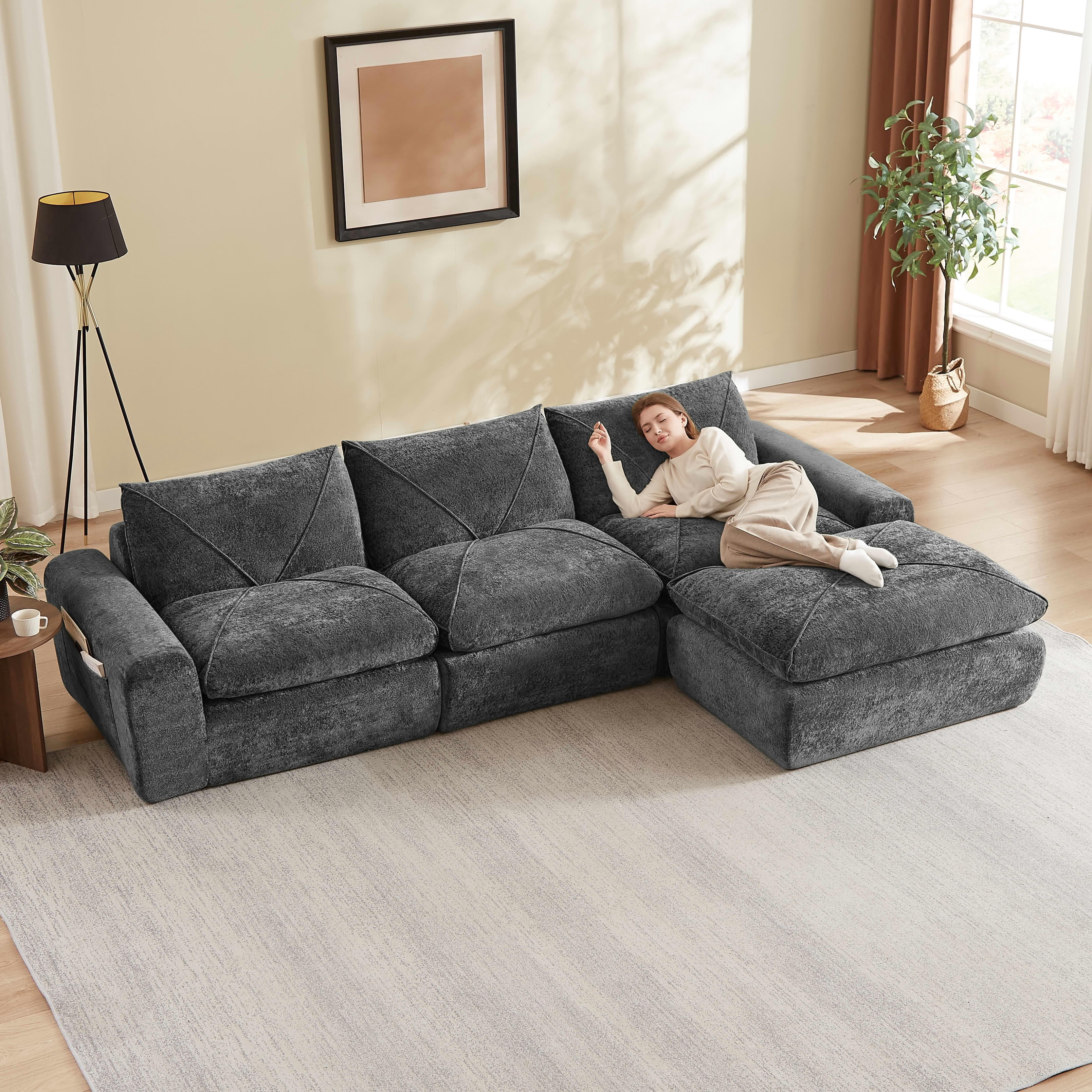 MAYEERTY 119" Dark Gray Chenille L-Shaped Modular Sectional Sofa, Spring Support for Living Room Apartment