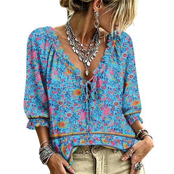 Women's 3/4 Sleeve V Neck Floral Print Ruffle Blouses Tie Front Flowy Boho Tops Lightweight Woven Casual Shirts Trendy 2026 Summer Beach Outfits Blue L
