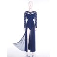 thumbnail image 4 of TiaoBug Women's Floral Lace Long Sleeve Lyrical Ballet Leotard Dress Flowy Mesh Modern Contemporary Dance Dress Navy Blue M, 4 of 7