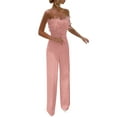 thumbnail image 1 of Coduop Elegant Feather Tube Top Off Shoulder Belted Wide Leg Jumpsuit Romper S-2XL, 1 of 6