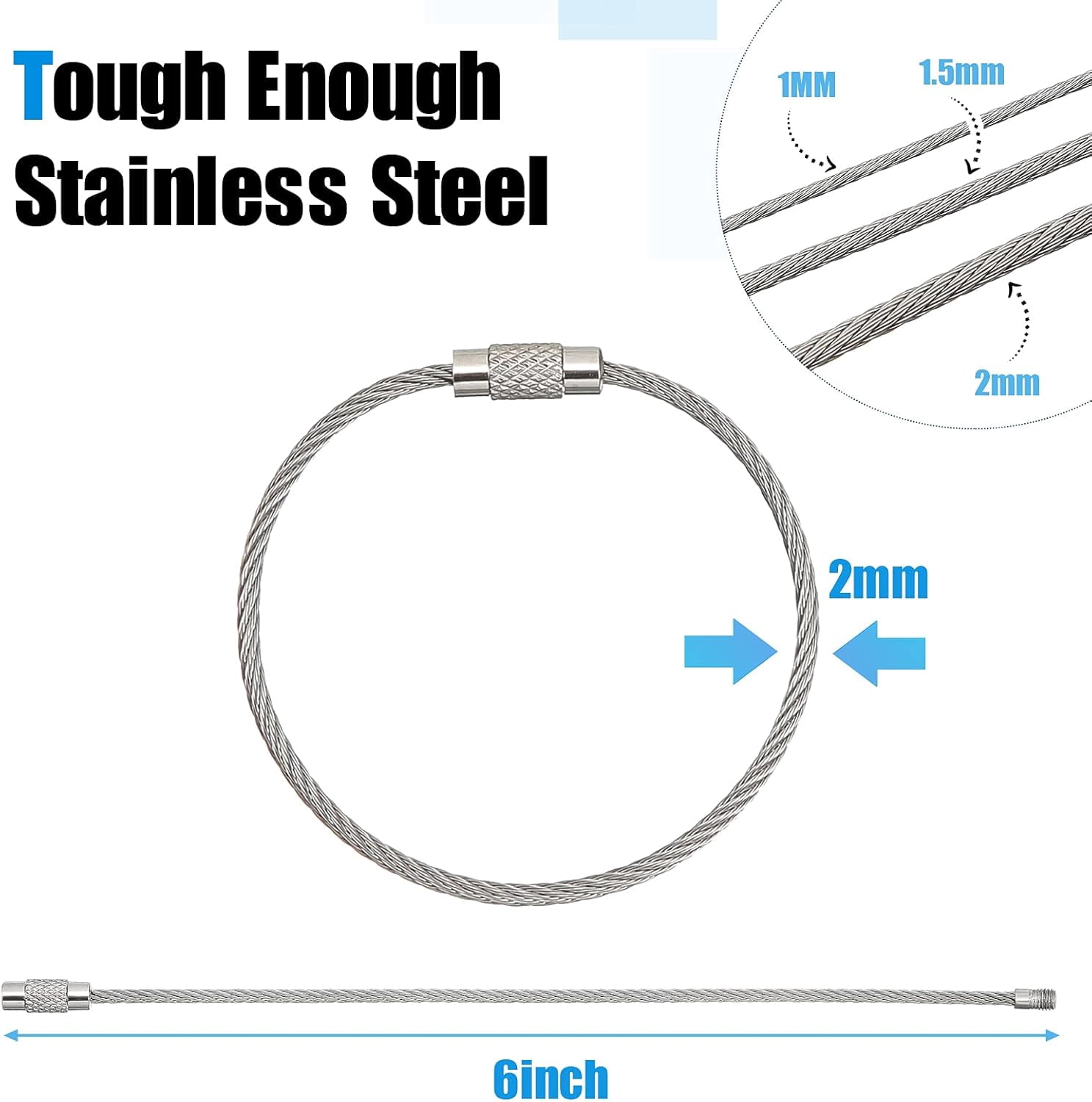 ABCISI 120 Pcs Wire Keychain Cable, Metal 2mm Twist Barrel Key Rings Loop Wire Cable Braided, 6 Inch Stainless Steel Key Ring Loop for Outdoor Hiking Connectable Luggage Tag Keeper