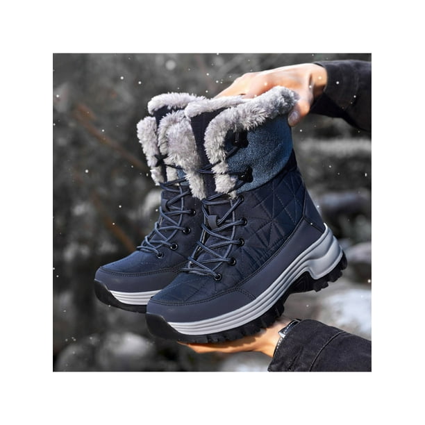 UKAP Mens Snow Boots Faux Fur Warm Shoes Mid Calf Winter Boot Walking  Hiking Lightweight Blue 8.5 