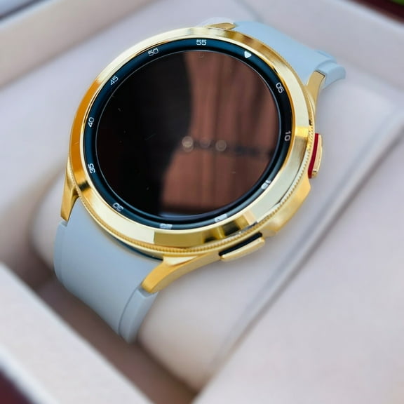 Custom 24k Gold Plated 46mm Samsung Galaxy Watch 4 POLISHED Gray Gold Band