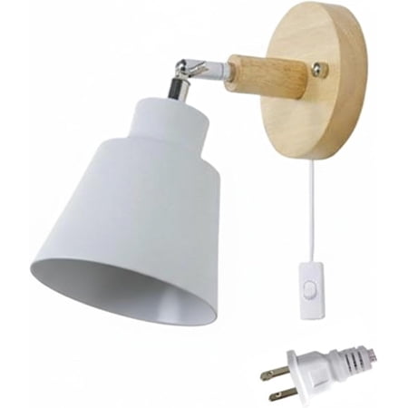 Modern Plug in Wall Light: Adjustable Angle Plug in Wall Sconce, Wall Lamps Up Down E26 Mounted Fixture Wood Metal Lighting Switch Bedside Decor Reading Lights for Kids Bedroom, Living Room (White)