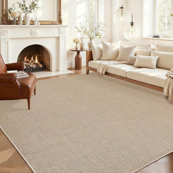 10x13 Large Area Rug - Modern Minimalist Woven, Washable Non Slip Low Pile for Living Room Bedroom, Tan