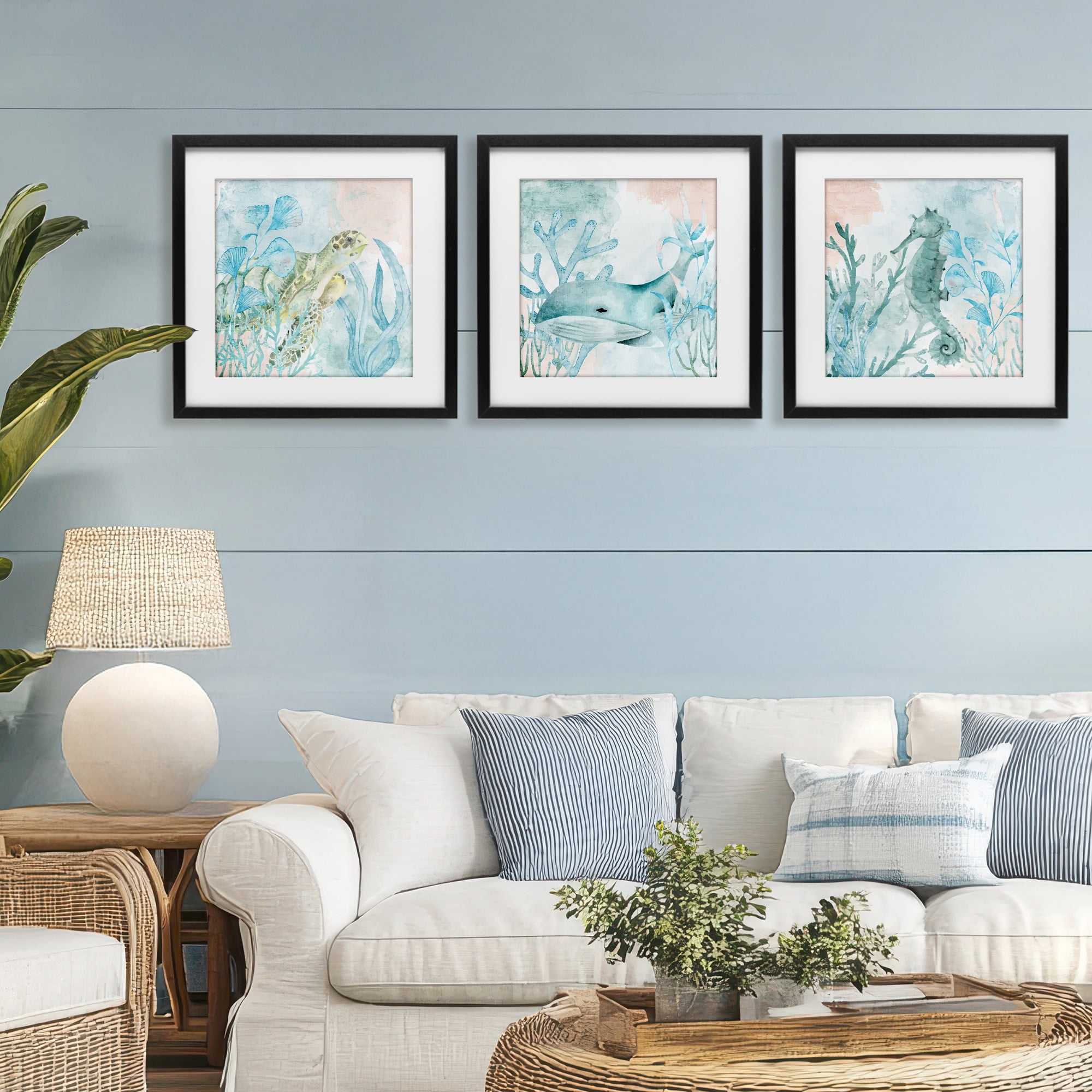 Stupell Industries Aquatic Animals Sea Swim 3 Piece Black Framed Print Under Glass Set, design by Kim Allen