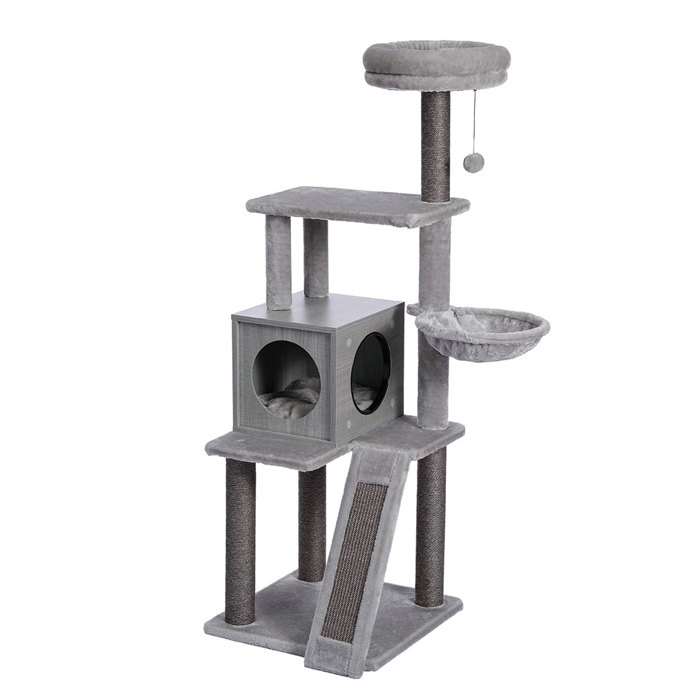 Kadyn Wooden Cat Tree Tower, Cat Condo Play House for Large Cats Featuring, Modern Cat Tree Condo with Fully Scratching Posts, Hammock, Padded Perch and Dangling Ball, Gray Kadyn Wooden Cat Tree Tower, Cat Condo Play House for Large Cats Featuring, Modern Cat Tree Condo with Fully Scratching Posts, Hammock, Padded Perch and Dangling Ball, Gray