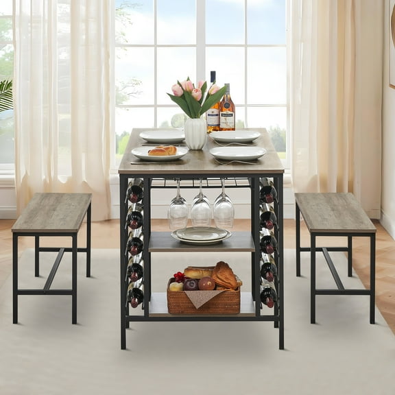 Dining Table Set for 4, Kitchen Table Set for 4 with 2 Benches, Rectangular Dining Room Table Set with Wine Rack & Storage Shelves, 3 Piece Dining Table Set for Small Space