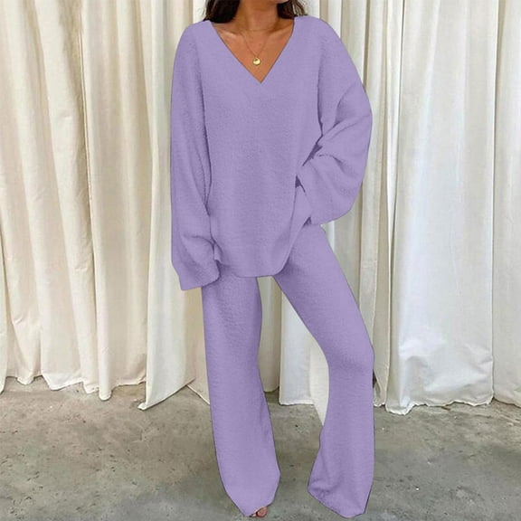 CALAFEBILA Pajamas Set for Women Soft Comfy Long Sleeve Tops and Wide Leg Pants Soft Pj Lounge Sets