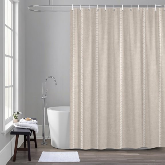Beige White Stripe 48x72 Inches Waterproof Shower Curtain, Country Vintage Farmhouse Minimalist Lines Bath Curtain Set with 12 Hooks Washable Shower Curtains for Bathroom Bathtub Decor