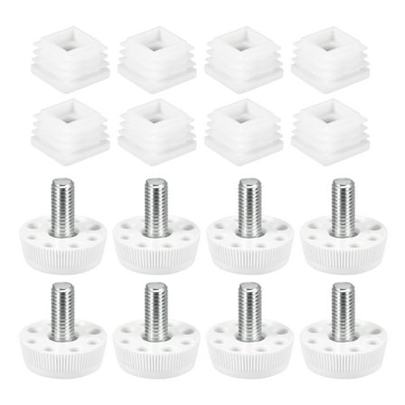 Furniture Leveling Feet, 8 Sets 25 x 25 mm Square Insert Furniture Adjustable Leveler, M8 Thread End Caps (White)