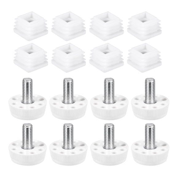 Furniture Leveling Feet, 8 Sets 25 x 25 mm Square Insert Furniture Adjustable Leveler, M8 Thread End Caps (White)