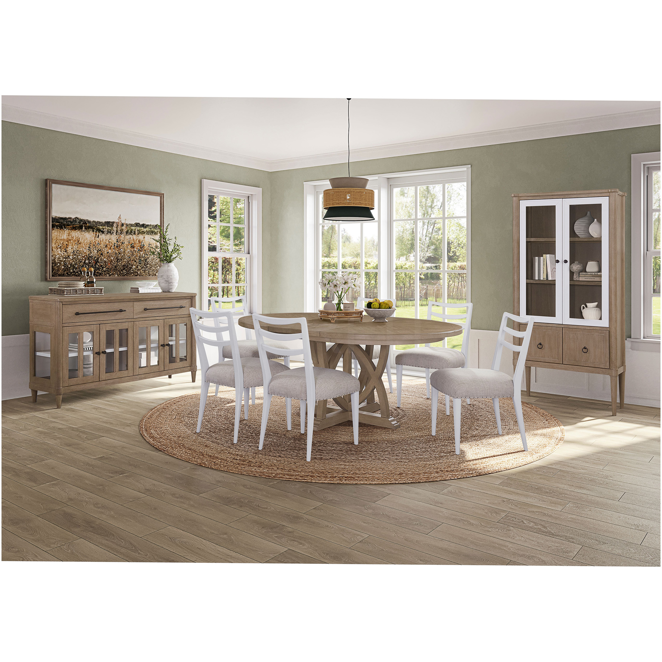 JERFIT Expandable Round Dining Table for 6, Sand Finish, Solid Wood Pedestal Base, Space Saving Extendable Design