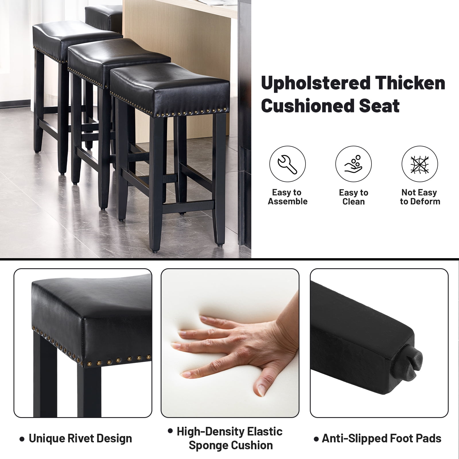 Furniliving 26" Backless Counter Stool Set of 4, Counter Height Bar Stools PU Saddle Stool, Black
