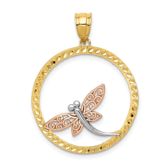 14K Tri Color Gold Yellow, Rose and Rhodium Dragonfly Pendant
