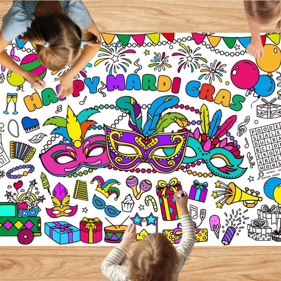 Mardi Gras Coloring Tablecloth/Poster, Mardi Gras Decorations, 72" X 30" Giant Paper Coloring Banner for Crafts Activities, Fun DIY Art Mardi Gras Party Supplies for Kids Classroom Family Party Games