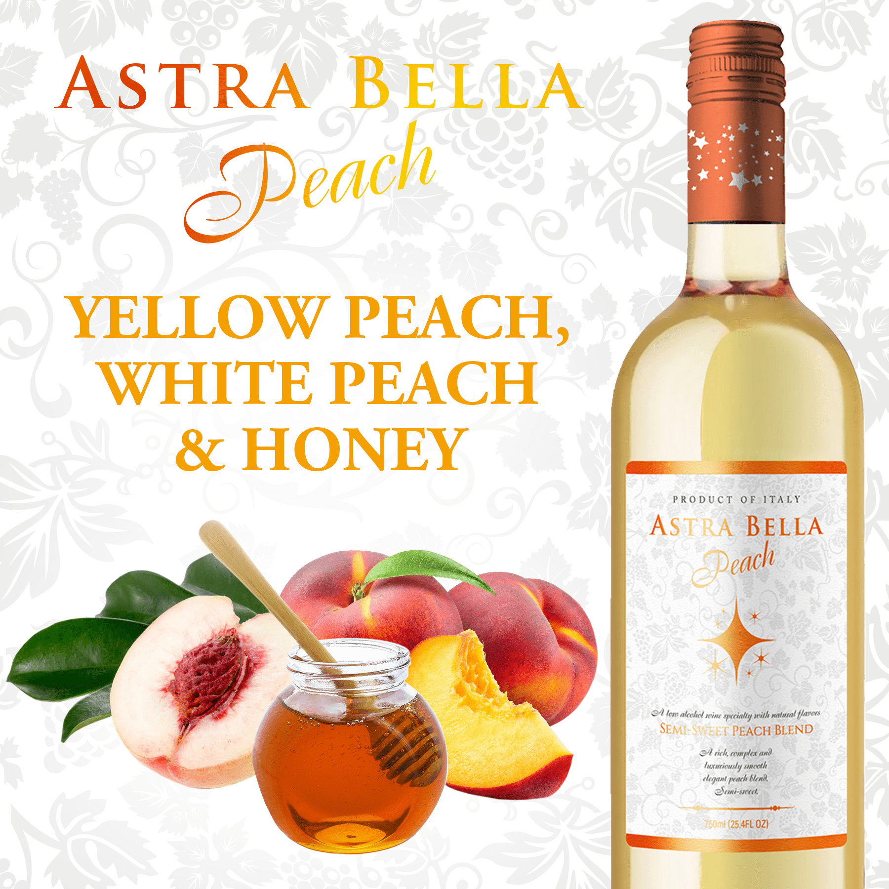 Astra Bella Semi-Sweet Peach, Italian Blend 750 ml Glass Bottle, 5.5% ABV