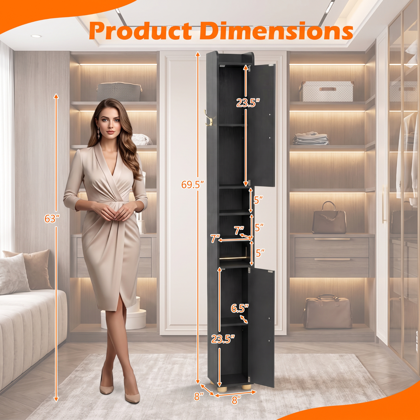 Vebreda Narrow Bathroom Storage Cabinet, Tall Slim Freestanding Cabinet with 2 Closed Cabinets, Open Shelves and Toilet Paper Holder, Adjustable Shelves and Hook, Black