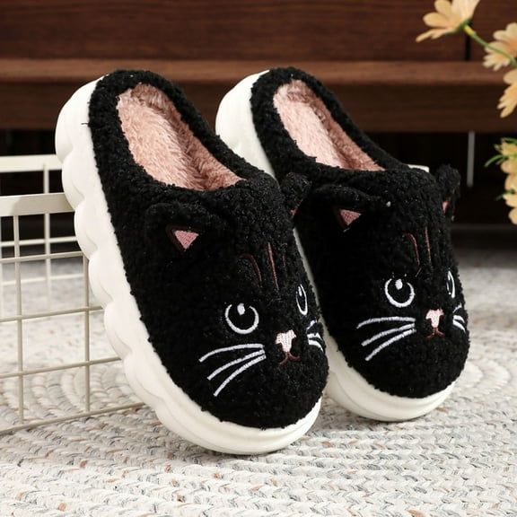 LIIPEE Girls Boys Slippers Cartoon Animal Closed Toe Non- Soft Sole Plush House Shoes Toddler Classic Beach Slipper,Black,4-5 Years