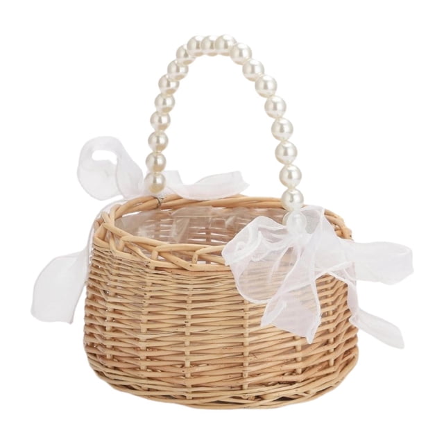 Cesta de Flores Gloria para Niña Cestas de Mimbre con Mango de Perlas 6.50 x 7.87 pulgadas