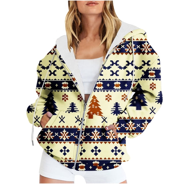 Sudadera con capucha y manga larga para mujer, informal, con estampado navideño, cremallera, manga larga, poliéster