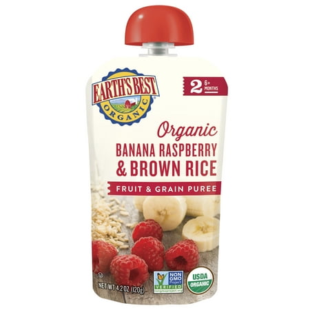 Earth's Best Organic Stage 2, Banana, Raspberry & Brown Rice, 4.2 Ounce Pouch (Pack of 6)