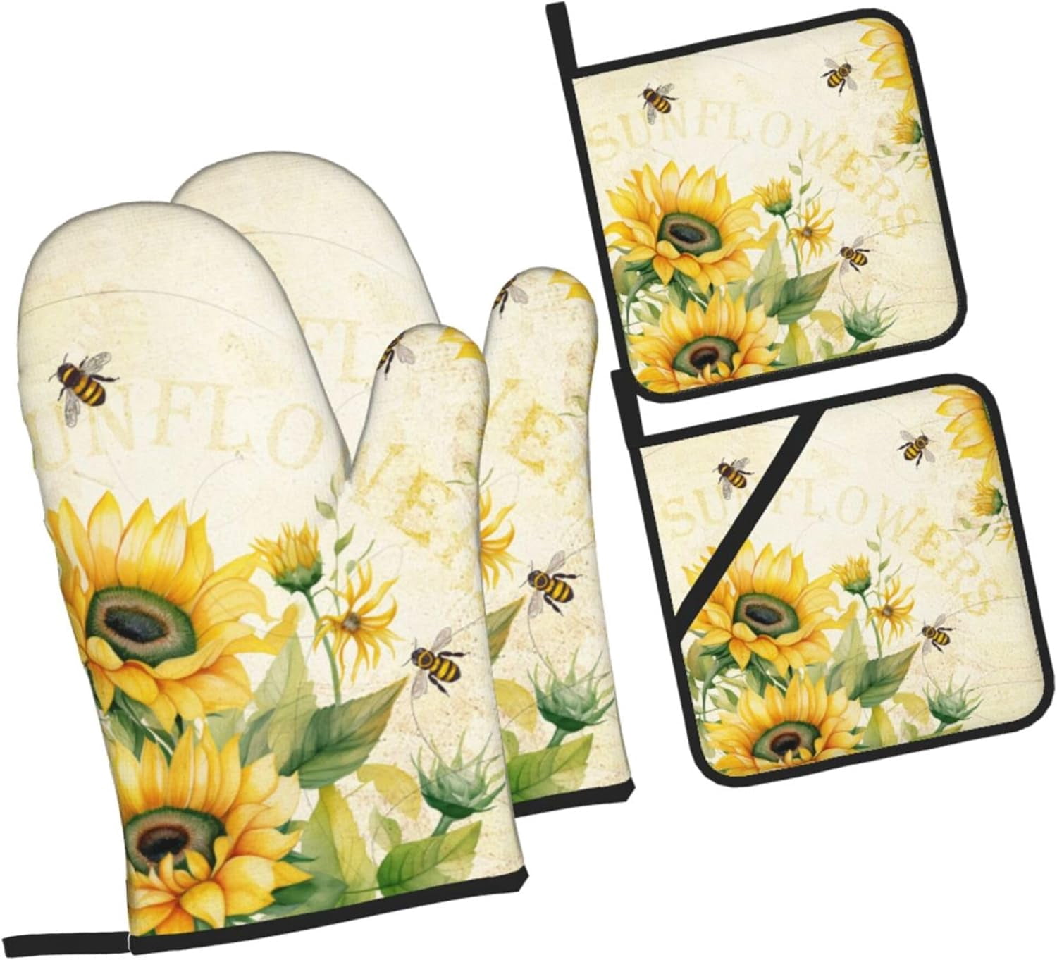 Sunflower Oven Mitts and Pot Holders Set of 4 Sun Flower Oven Mitts Heat Resistant Farmhouse Bee Potholders Non-Slip 4pcs Hot Pads Oven Gloves for BBQ Baking Grilling Kitchen Decor Housewarming Gift