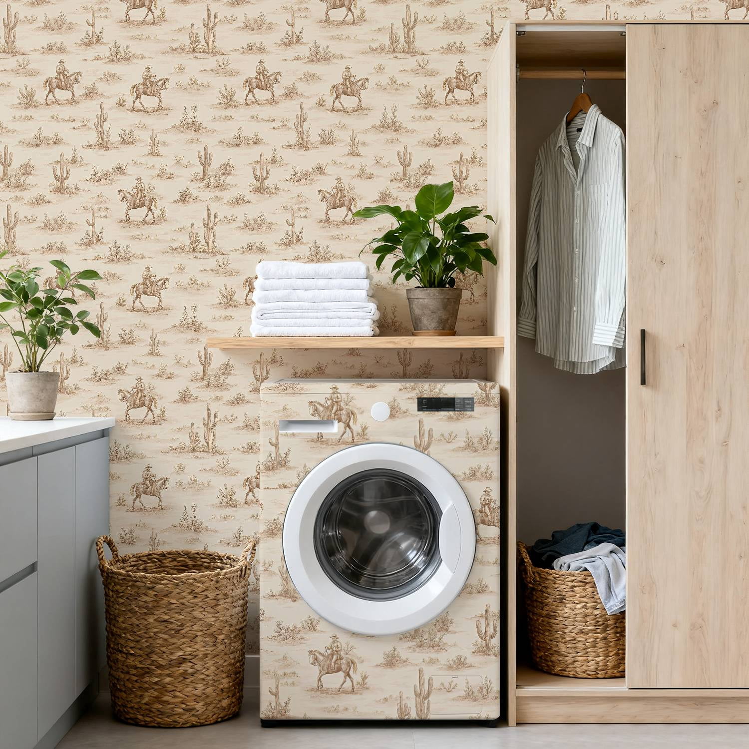 Peel and Stick Wallpaper 17.7in x 9.8ft Western Cowboy Desert Landscape Toile Sepia Contact Paper Vinyl Waterproof Self Adhesive Wall Paper for Bedroom Shelf Cabinet Renter Friendly