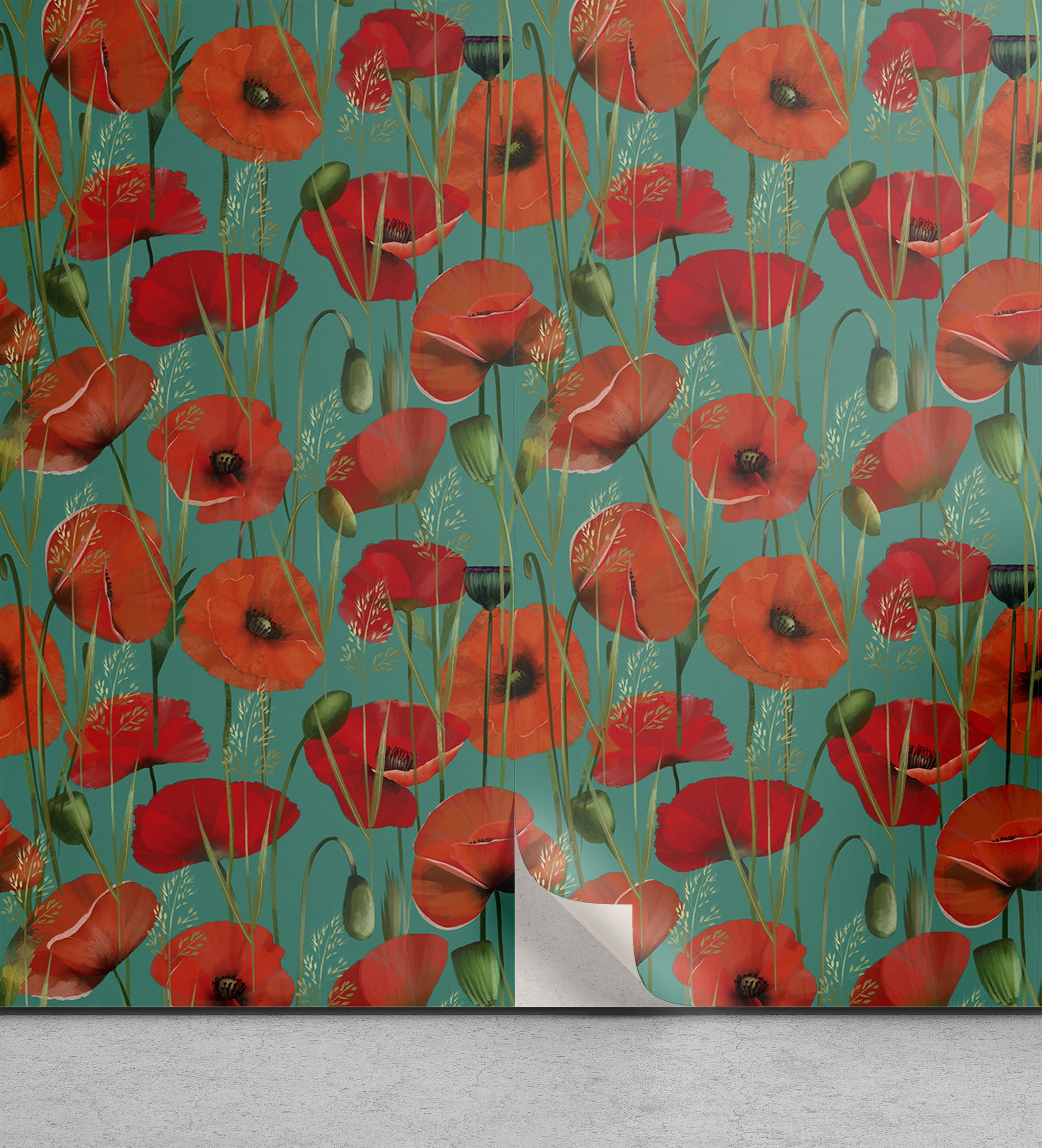 Poppy Peel & Stick Wallpaper, Retro Meadow Blossom of Flowers Romantic