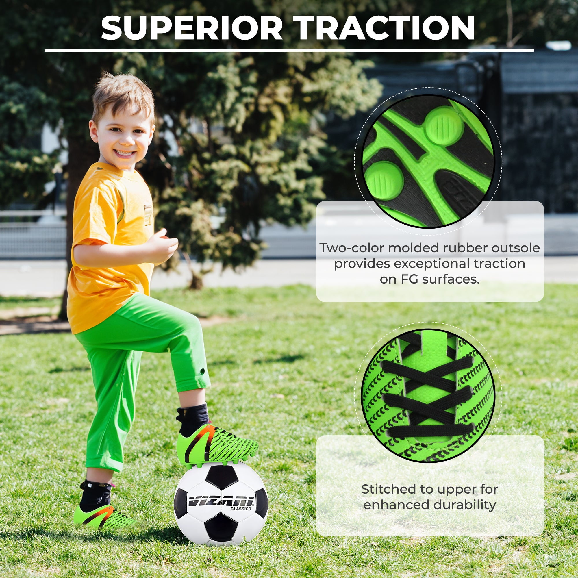 Vizari USA Impact Firm Ground Soccer Cleats for Kids – Comfortable, Lightweight, and Durable Shoes for Toddlers, Little Kids, and Big Kids - Green/Orange, 2.5