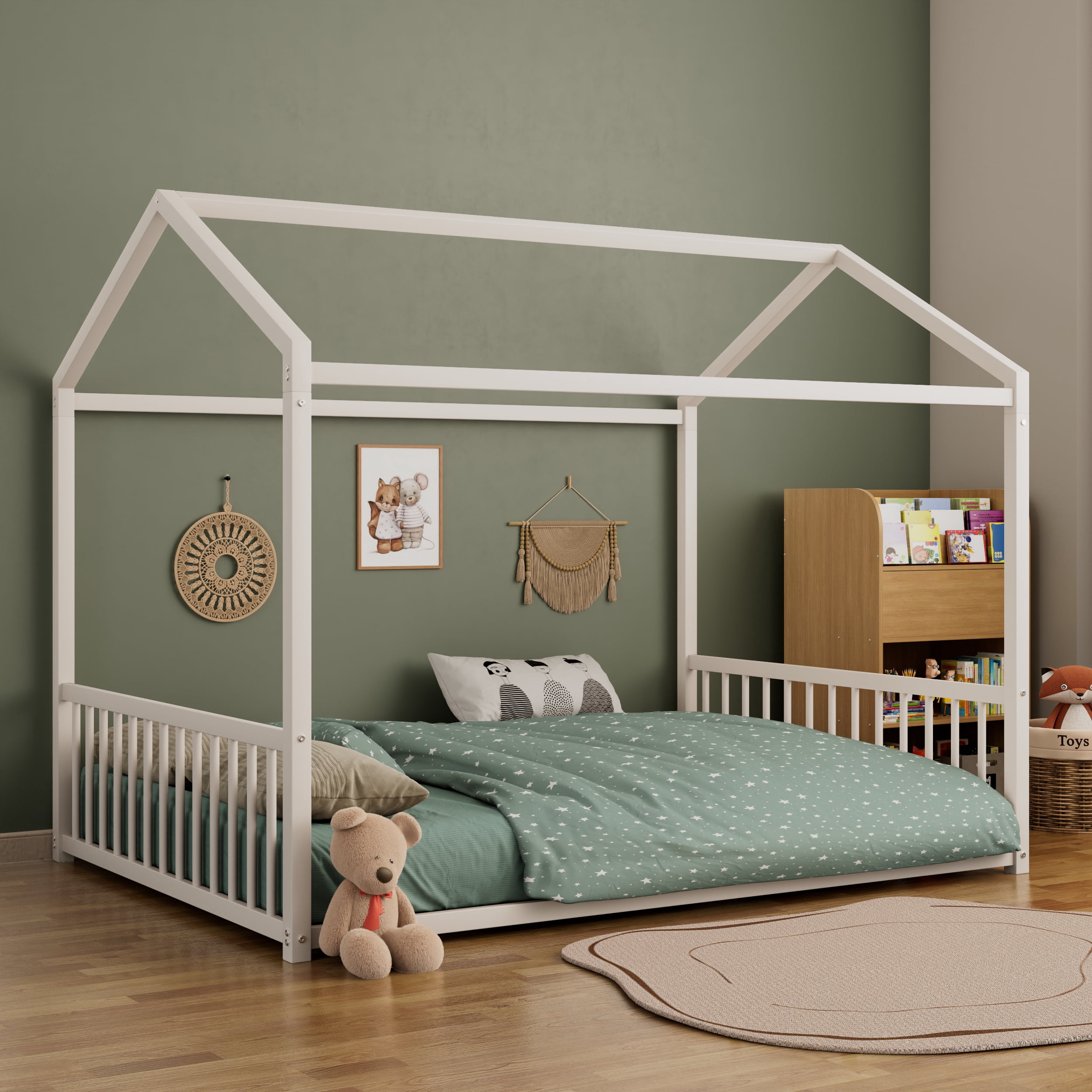Euroco Metal Full Size Canopy Bed, Low Profile House Bed with Guardrails, White