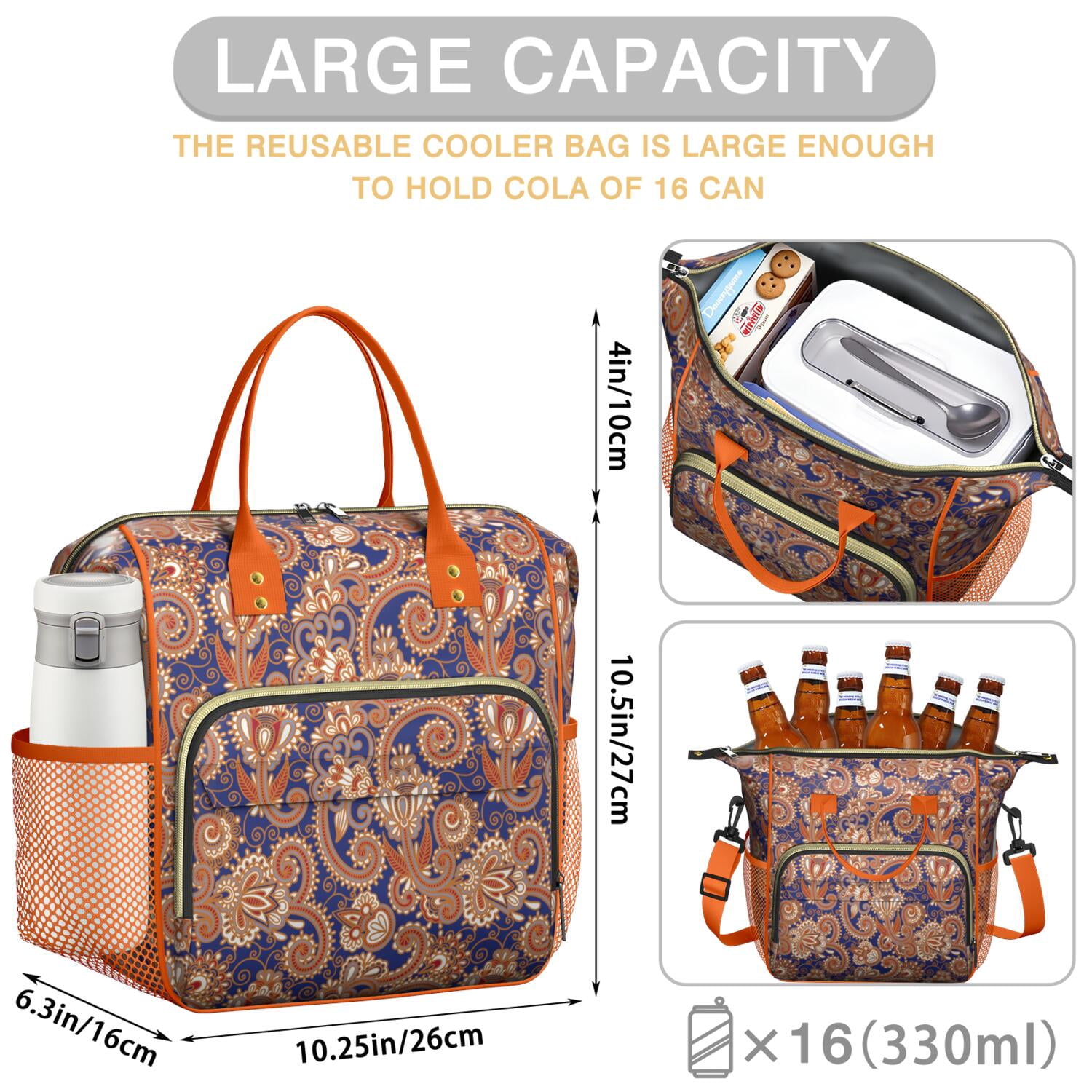 Insulated Lunch Bag with Paisley and Floral Design – Waterproof Large Lunch Box for Women Ideal for Work or Outdoor Picnic