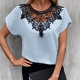 thumbnail image 2 of Women T Shirt Crew Neck Short Sleeves Lace Loose Hem Casual Blouse for Outdoor Office Light Blue M, 2 of 6