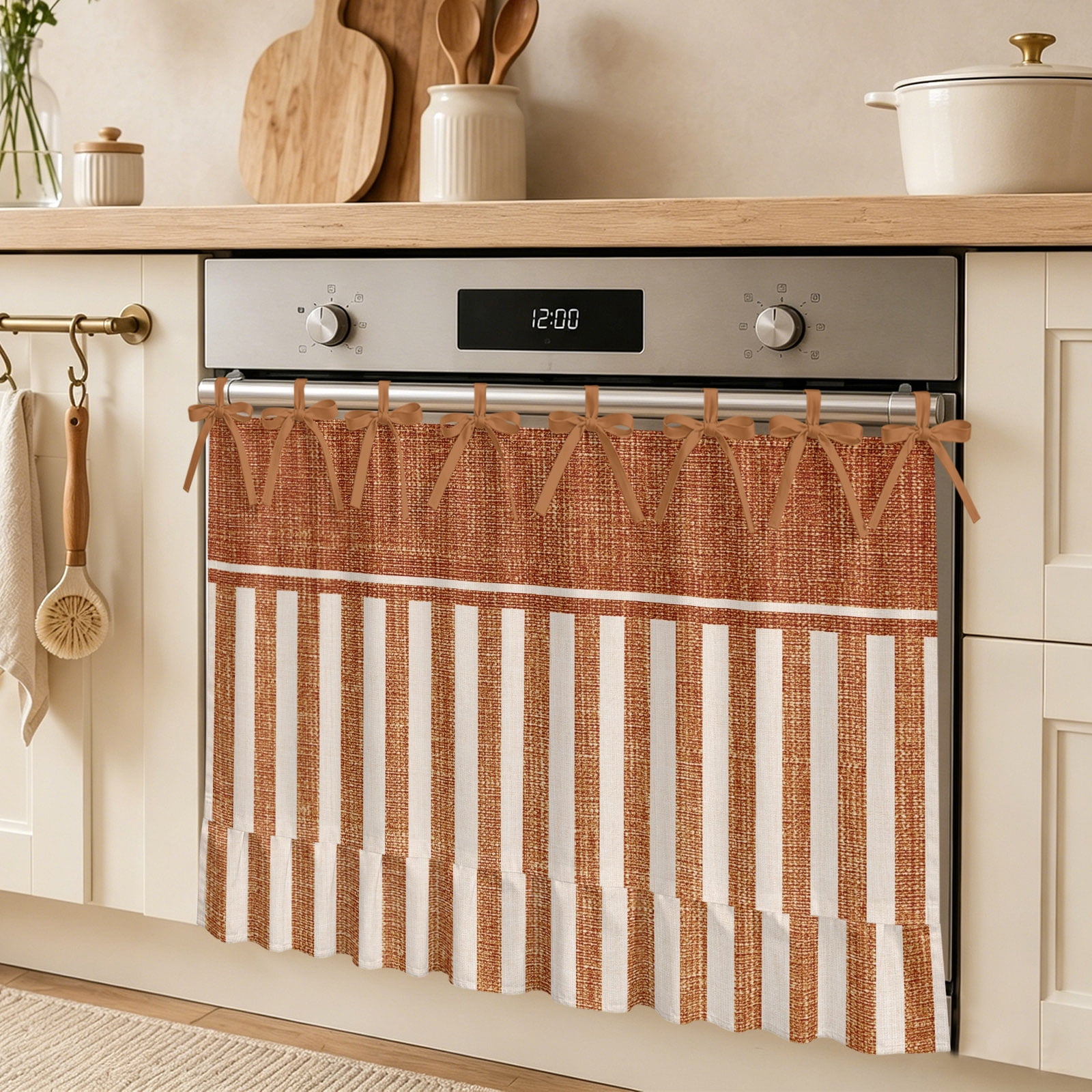Rustic Linen Pattern Oven Skirt Curtain Dark Brown Vertical Stripes Minimalist Tie Top Tier Curtains Stove Dishwasher Skirt Small Window Drapes for Kitchen Bathroom Cafe 32 x24