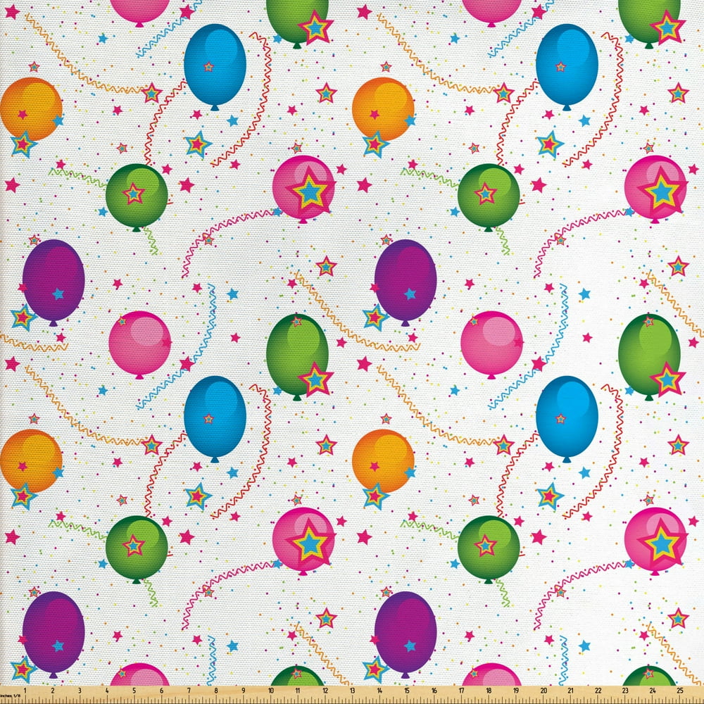 Birthday Fabric by The Yard, Vibrant Colored Flying Balloons with Stars