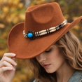 thumbnail image 4 of Qwertyu Western Cowboy Hat for Men Women Classic Roll Up Fedora Hat Cowgirl Cap with Buckle Belt Brown, 4 of 6