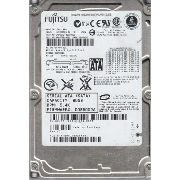 MHV2060BH PL, PN CA06672-B23100DL, Fujitsu 60GB SATA 2.5 Hard Drive