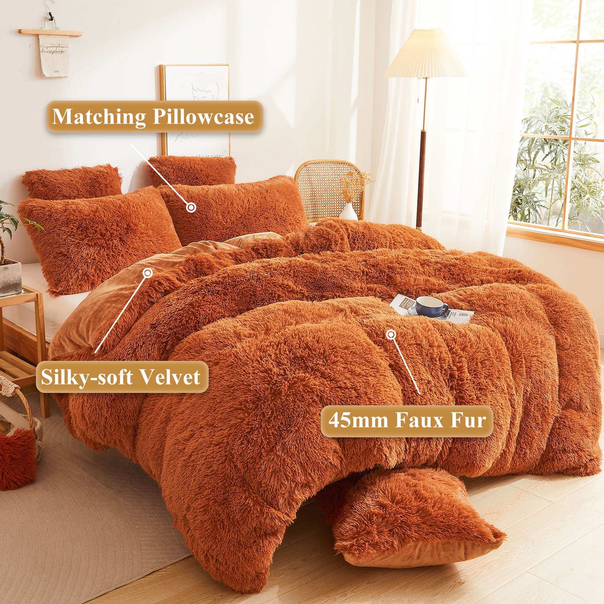 XeGe 2 Piece Fluffy Faux Fur Duvet Cover Set Twin, Luxury Ultra Soft Velvet Shaggy Plush Bedding Set, Fuzzy Comforter Cover with 1 Furry Pillowcase, Zipper Closure, Twin Size, Burnt Orange