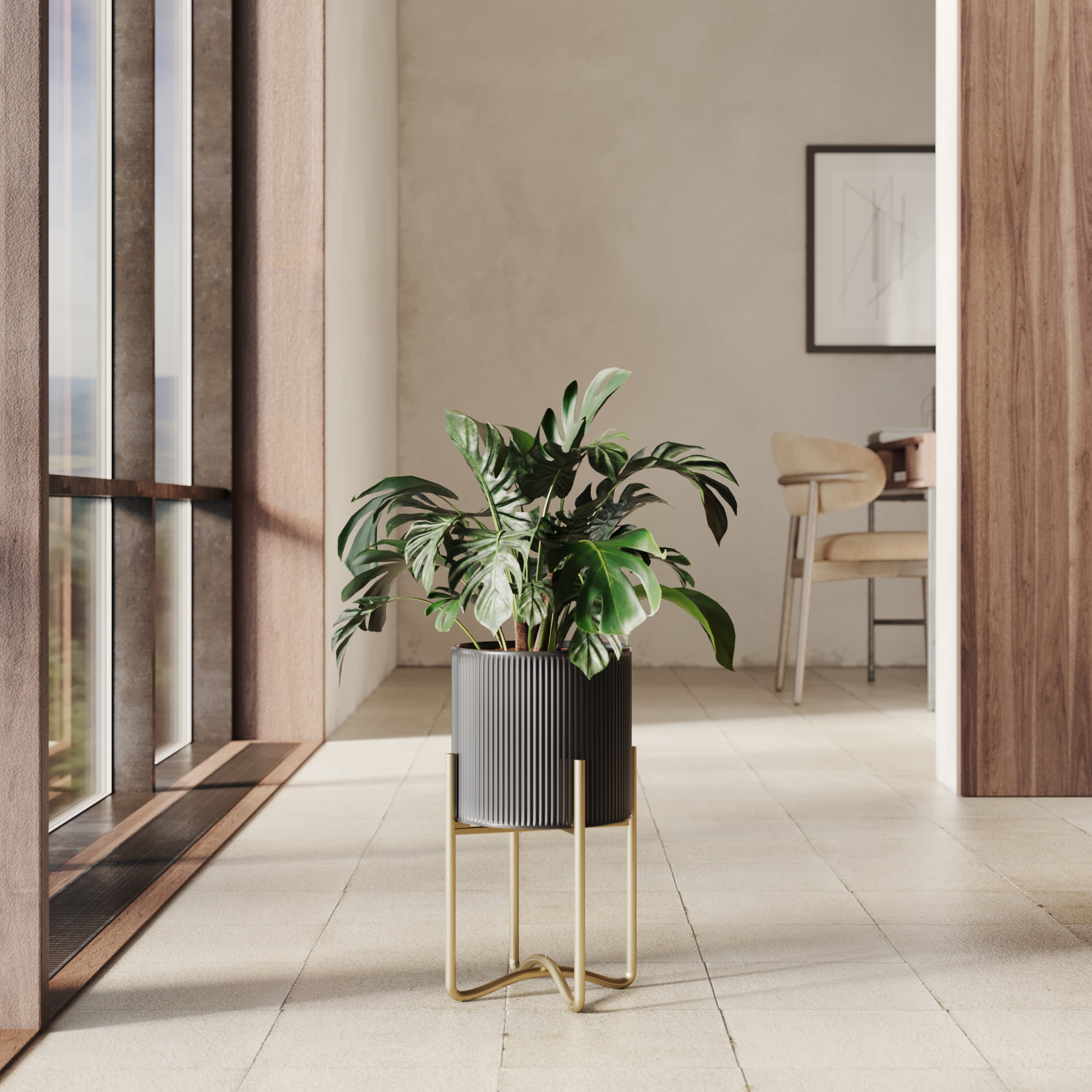 Everett Black Mid-Century Modern Indoor Metal Pot Planter with Tall Metal Base - 16.25" H x 9.25" W