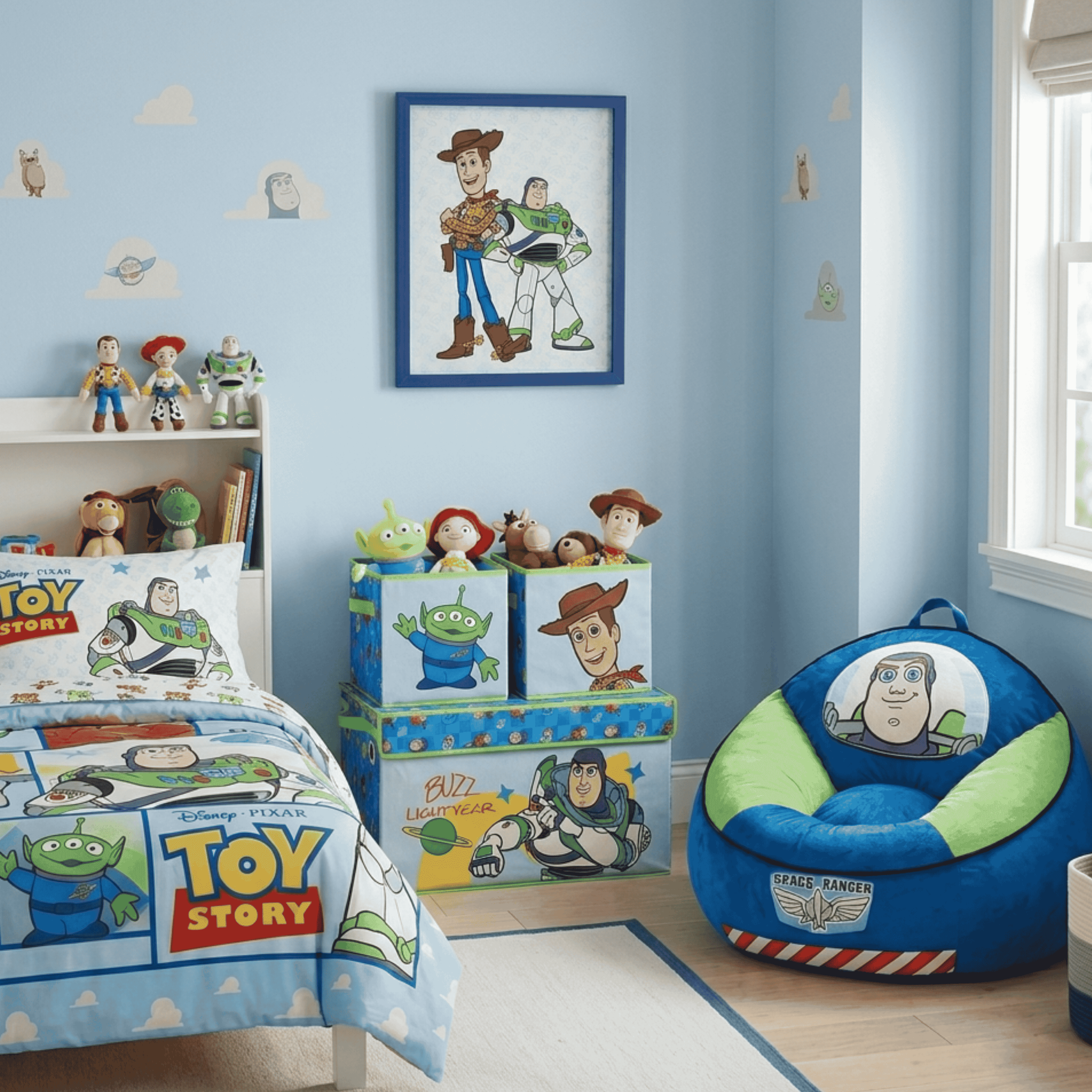 Disney Pixar Toy Story Buzz and Woody Canvas Wall Art with Blue Frame, Modern Kids Room Decor