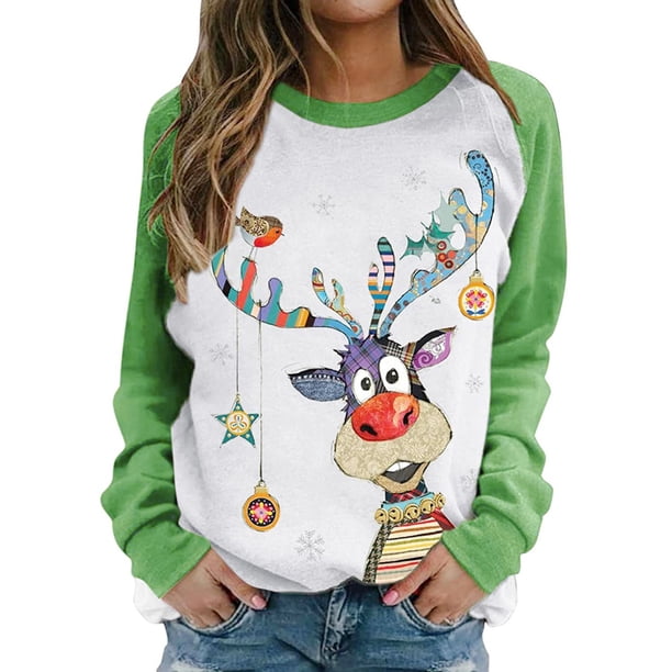 VISgogo Mujer Primavera Otoño Casual Pullover Manga Larga O Cuello Deer Print Patchwork Sudadera VISgogo moda