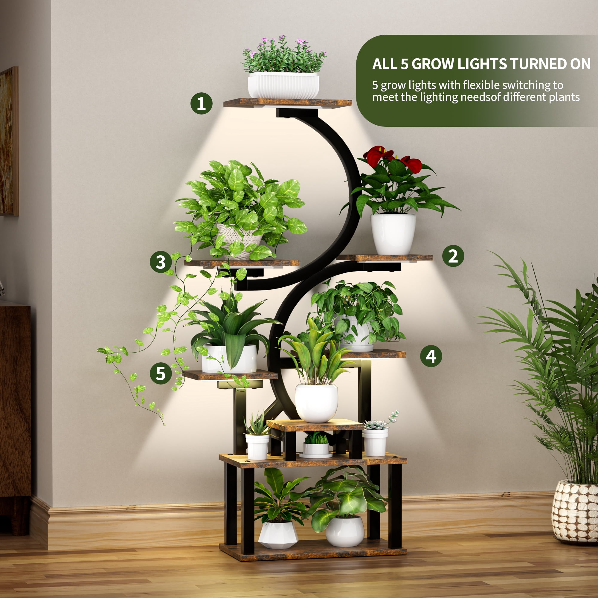 8-Tier Indoor Plant Stand with Full-Spectrum Grow Lights 5 Lights Stepless Dimming for Living Room Bedroom Garden