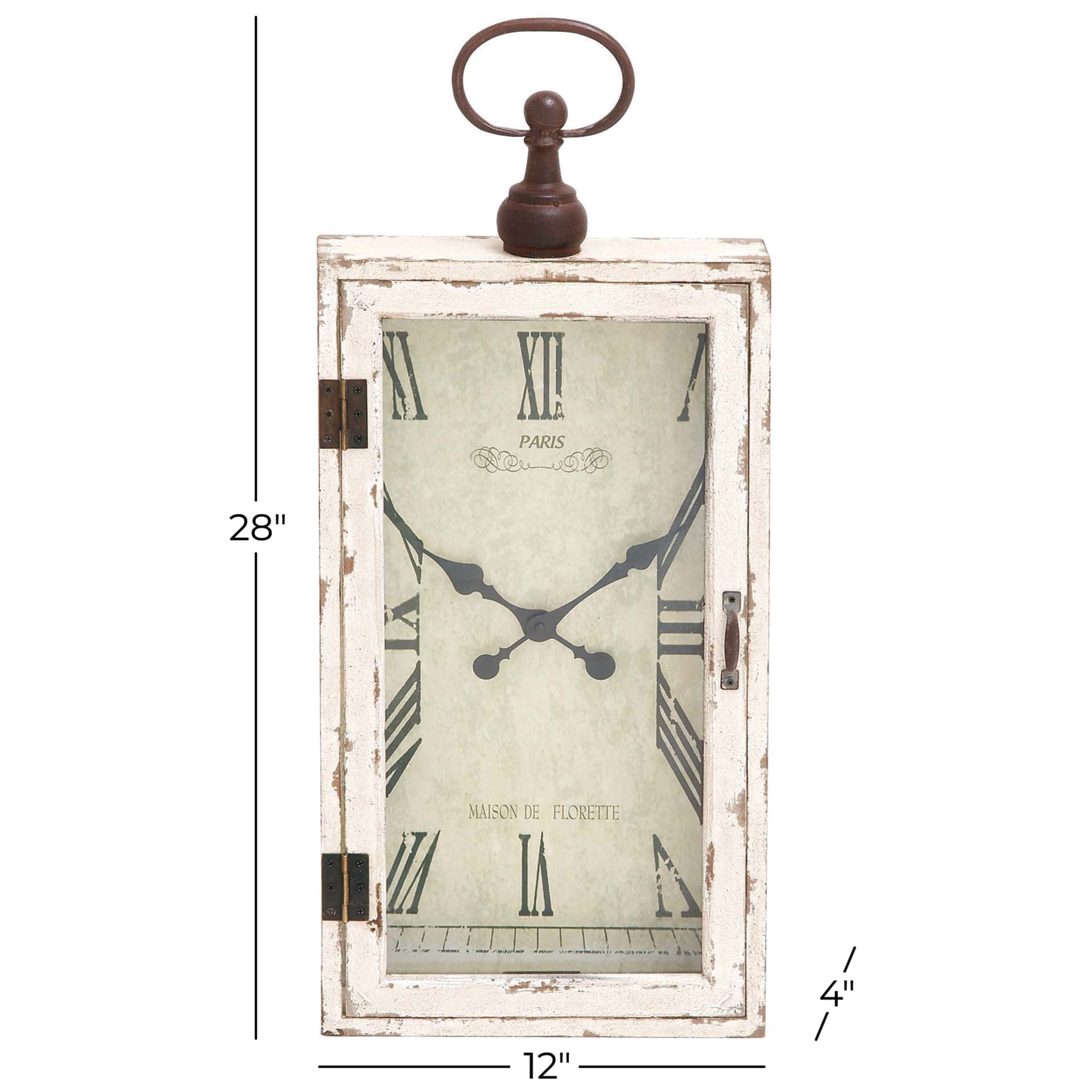 DecMode 12" x 28" White Wooden Vintage Pocket Watch Style Wall Clock with Hinged Door