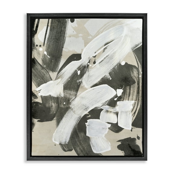 Stupell Industries Modern White Brush Stroke Abstract Painting Black Floater Framed Canvas Art Print Wall Art, 17 x 21