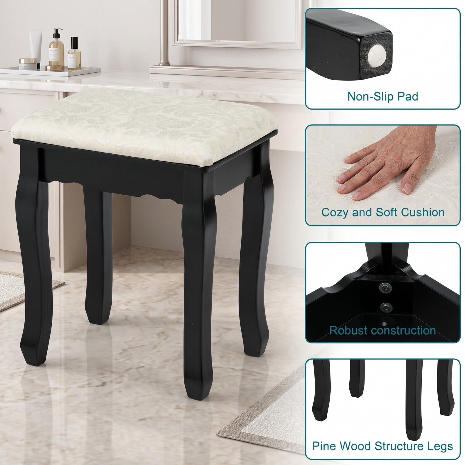 Furnibear Makeup Vanity Table Set with Lighted 360-Degree Rotating Mirror 3 Drawers Cushioned Stool for Bedroom, Black