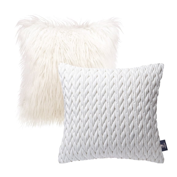 Phantoscope Designer's Choice Decorative Throw Pillow Set, Fluffy Faux Fur & Quilted Velvet Bundle, for Sofa Couch Bedroom, 18" x 18", White Fur and Velvet, 2 Pack